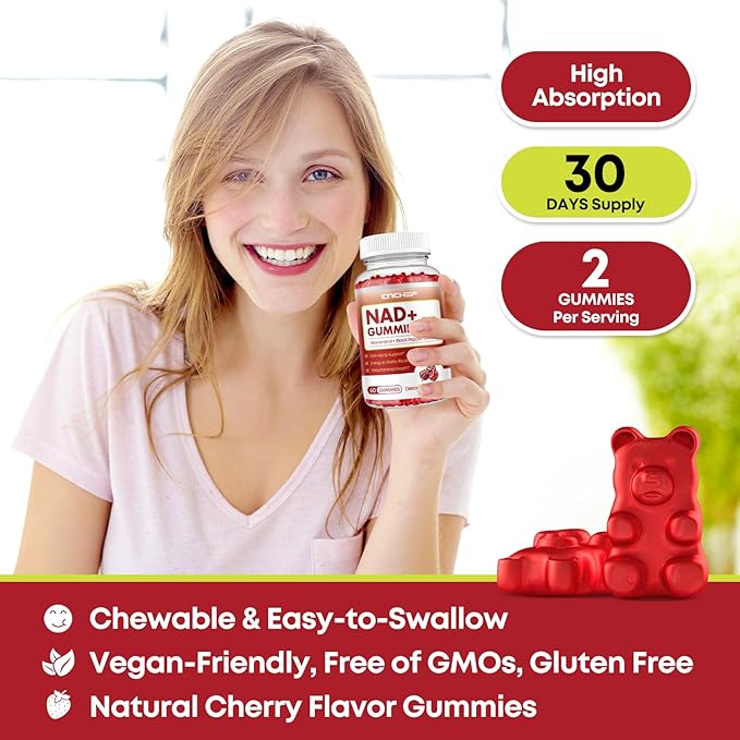 NAD+ Gummies, 1200mg Liposomal NAD Supplement for Women & Men with Trans-Resveratrol & Black Pepper Extract Anti-Aging Supplement, Brain & Cellular Mitochondrial Health - 60 Gummies Cherry