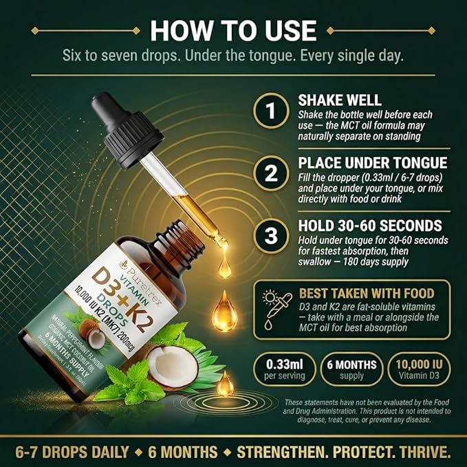 Vitamin D3 + K2 Drops 10,000 IU D3 with 200mcg K2 (MK7), Peppermint Flavour, Organic MCT Coconut Oil, 60mL, 6 Month Supply