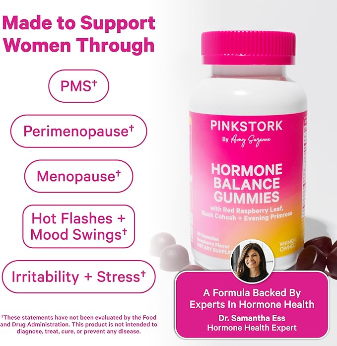Pink Stork Hormone Balance Gummies for Women – PMS, Menopause & Estrogen Support – Mood, Bloating, Hot Flashes & Energy – Red Raspberry Leaf, Black Cohosh, Primrose – 60 Vegan Gummies