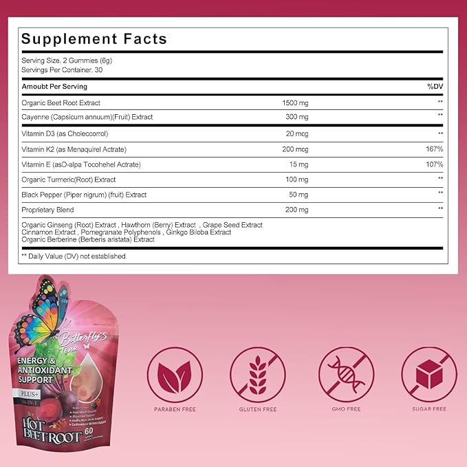 BUTTERFLY'S TEAR Organic Spicy Beet Root Gummies, Supports Heart & Blood Vessel Health, Promoting Nitric Oxide, Vitamin D3+K2+E, Extracts of Grape Seed, Hawthorn, Berberine and Other, Sugar Free