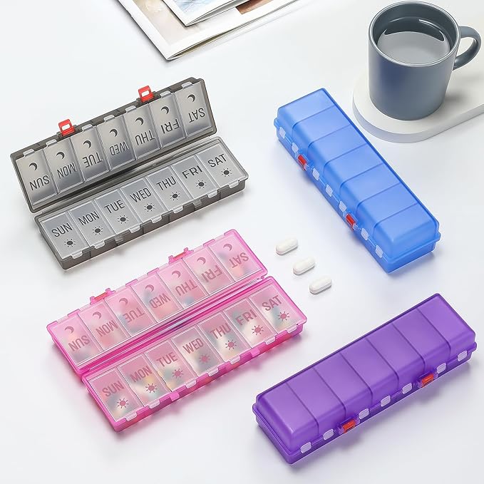 Foldable Pill Organizer 2 Times a Day w/Etched Labels -Dual Protection & Portable Weekly AM PM Pill Box, 7 Day Medicine Container, Large Travel Pill Case for Daily Supplement Vitamin -Clear Purple