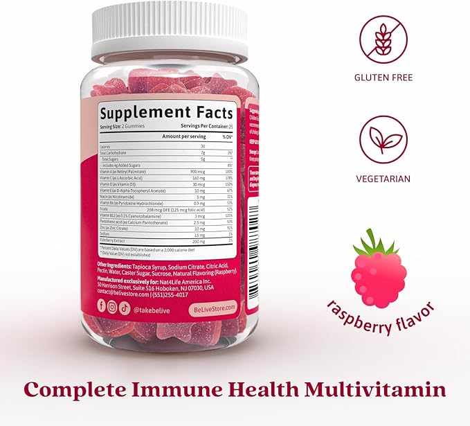BeLive Elderberry Gummies with Vitamin C, D3 and Zinc - Multivitamin Supplement for Immune Health Support for Kids & Adults - 50 Count - Raspberry Flavor