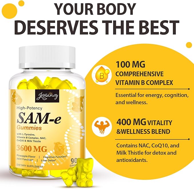 Jovianoy SAM-e Gummies with L-Tyrosine, Vitamin B Complex & NAC, CoQ10, High-Potency SAM-e Supplement - Pineapple Flavor, for Mood, Joint, Cognitive & Liver Detox, Vegan Friendly, 180 Gummies