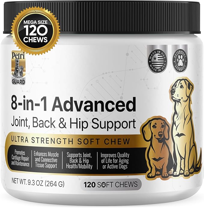 PetriGuard | Advanced Hip, Back & Joint Supplement for Dogs | Ultra Strength Formula w/ 8 Active Ingredients | USA Made & Veterinarian Approved | Glucosamine, Turmeric, MSM + 5 More - 120 Chews