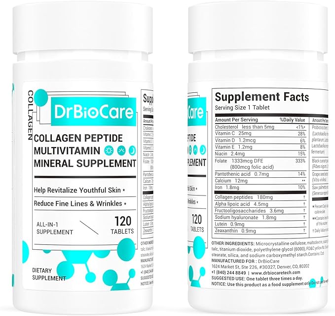DrBioCare Collagen Peptides for Women, Beauty Vitamin & Mineral Supplement,Contains Vitamin D3, Probiotics for Women & Collagen Peptides,Vitamin E,Vitamin B Complex - Made in USA - 120 Tablets
