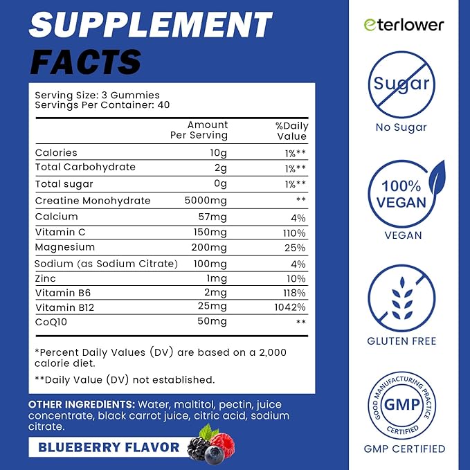 Creatine Monohydrate Gummies 5g – Pre-Workout Energy & Muscle Growth Support for Men & Women | Blueberry Electrolyte Gummies, 120 Count