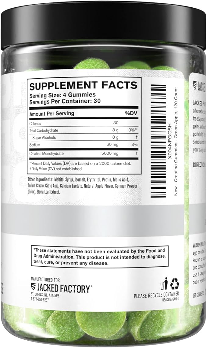 Jacked Factory Sugar Free Creatine Gummies - 5g Daily Dose (1.25g per Gummy) - Creatine Gummy Sugar Free for Men and Women, Vegan-Friendly, Third-Party Tested - 120 Gummies, Green Apple