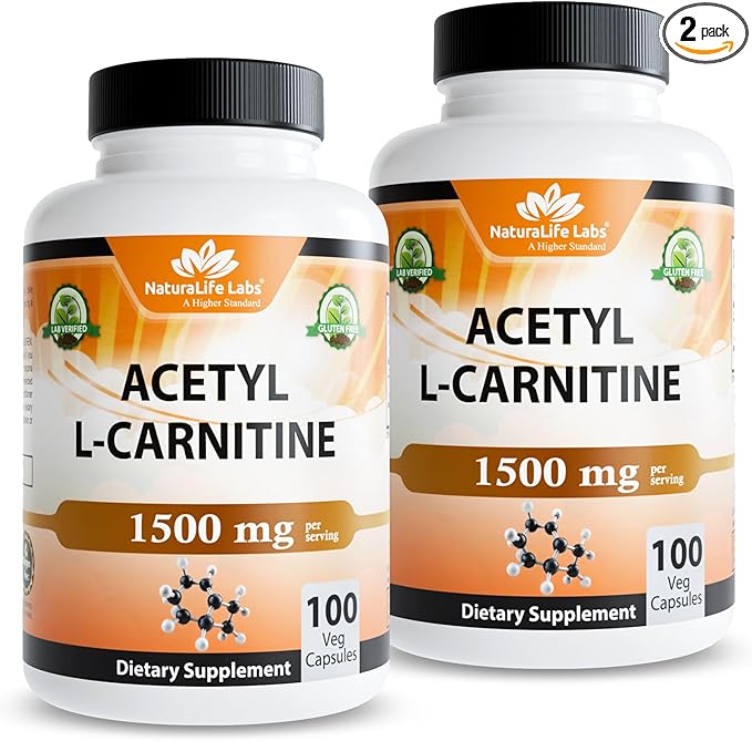 NaturaLife Labs Acetyl L-Carnitine (ALCAR) 1500 mg per Serving – 100 Capsules – Non-GMO, Gluten-Free, Vegan (2 Pack)