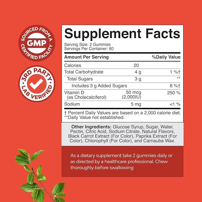 Natures Craft Vitamin D3 Gummies for Daily Wellness - Delicious Vitamin D Gummies for Adults with D3 2000IU per Serving Bone Muscle & Immune Support - Non-GMO Gelatin & Gluten Free - 120 Count