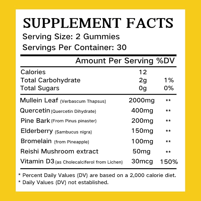 Mullein Gummies, 2000mg Organic Mullein Leaf Extract with Quercetin, Bromelain & Vitamin D3, Mullein Leaf Extract for Respiratory, Natural Lung Cleanse, Improve Appetite, Vegan, Non-GMO, 1 Pack