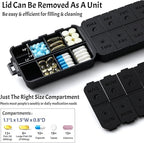 Foldable & Portable Pill Organizer 2 Times A Day with Extra Compartments - Etched Labels - Weekly 7 Day AM PM Medicine Box, Week Daily Travel Pill Case Holder Dispenser for Vitamin, Supplement - Black