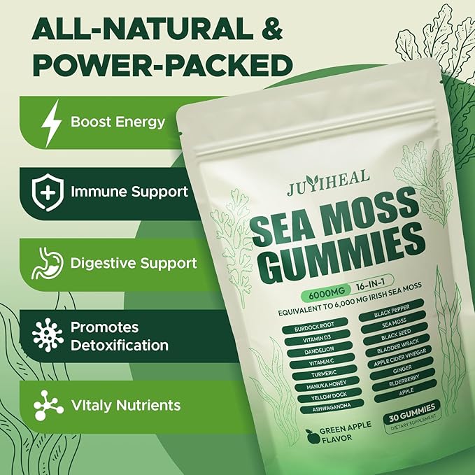 16 in 1 Sea Moss Gummies with Ashwagandha Black Seed Oil Bladder Wrack Turmeric Vitamin C & D3 with Manuka Burdock Root, Irish Sea Moss Gummies for Women & Men, Vegan Green Apple