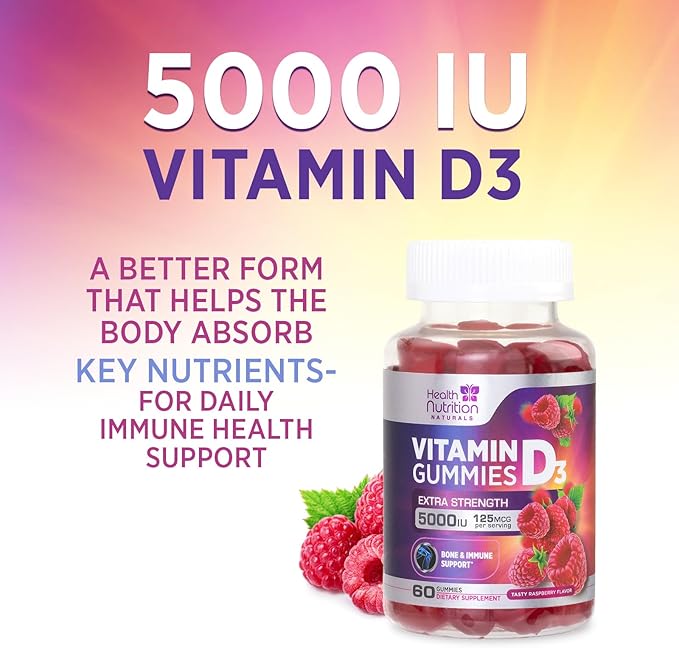 Vitamin D3 Gummies 125 mcg (5000 IU) Per Serving - 3X Strength Immune Support & Bone Support, Vitamin D Gummy Dietary Supplement, Nature's Berry D Vitamin Supplement, Raspberry Flavored - 60 Gummies