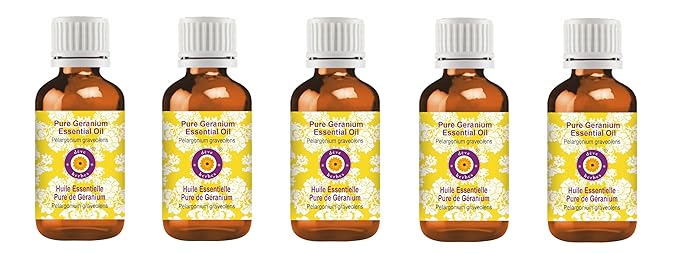 Deve Herbes Pure Geranium Essential Oil (Pelargonium graveolens) Steam Distilled (Pack of Five) 100ml X 5(16.9 oz)