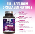 Multi Collagen Pills 2400 mg Per Serving - Advanced Types I, II, III, V, X - Hydrolyzed Multi Collagen Peptides Pills Supplement for Women & Men - Hair, Skin, & Nail Support Supplements - 120 Capsules