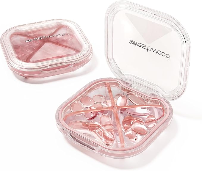 HyJeryty 4-Compartment Pill Organizer, Small Pink Portable Pill Case for Daily Vitamins, Supplements & Medication, Travel-Friendly Compact Design, Stylish Cute Medicine Pill Box Pill Holder