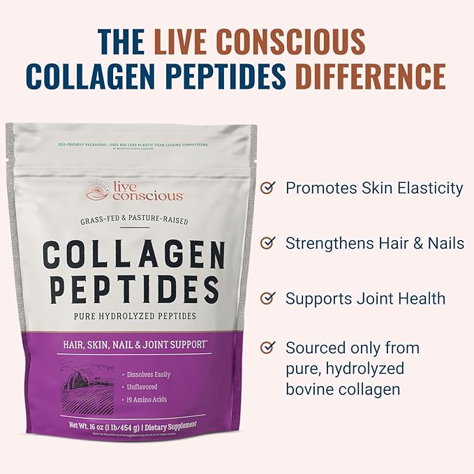 Live Conscious Collagen Peptides Powder - Hair, Skin, Nail, and Joint Support - Type I & III Collagen - Naturally-Sourced Hydrolyzed Protein - 16oz (2-Pack)