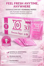 Flushable Feminine Wipes for Sensitive Skin – pH Balanced, Fragrance-Free Intimate Wipes with Aloe Vera & Vitamin E, Individually Wrapped Travel Size (30 Count)