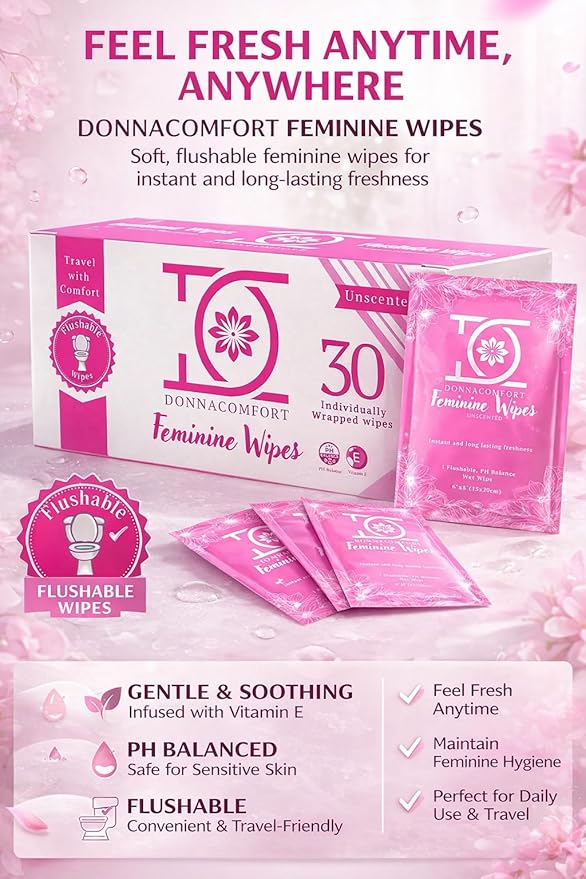 Flushable Feminine Wipes for Sensitive Skin – pH Balanced, Fragrance-Free Intimate Wipes with Aloe Vera & Vitamin E, Individually Wrapped Travel Size (30 Count)