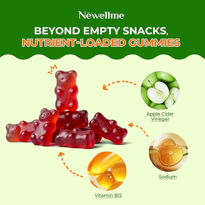 NEWELLME ACV Gummies with the Mother & B12 – Sugar-Free, Great-Tasting Vegan Gummies for Digestion, Metabolism & Daily Energy Support, 180 Count