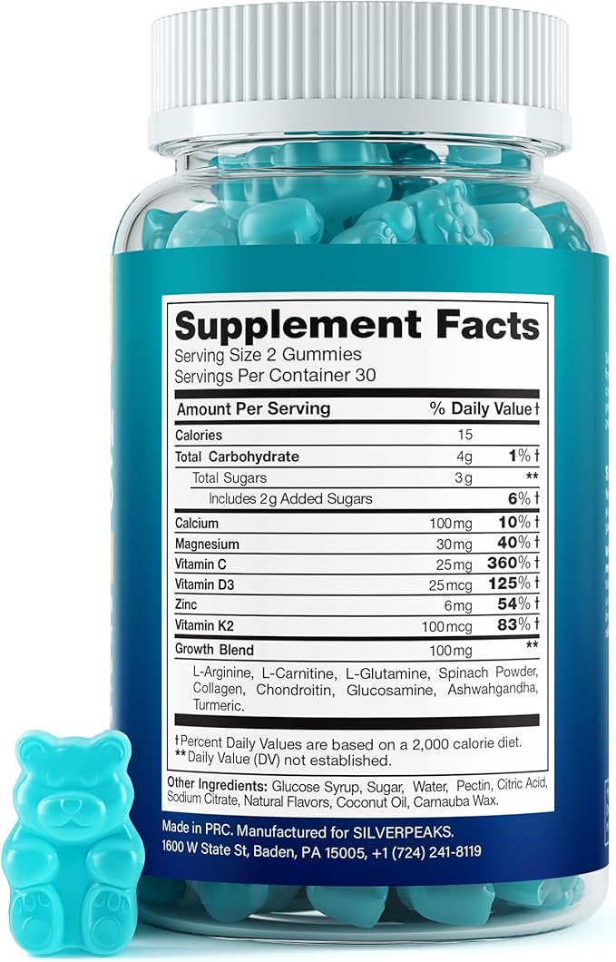SILVERPEAKS Height Growth Gummies for Kids, Teens & Adults - Height Growth Maximizer Supplement with Calcium, Vitamins D3 & K2, Magnesium, Zinc for Bone Strength & Height Increase - 60 Gummy Chews
