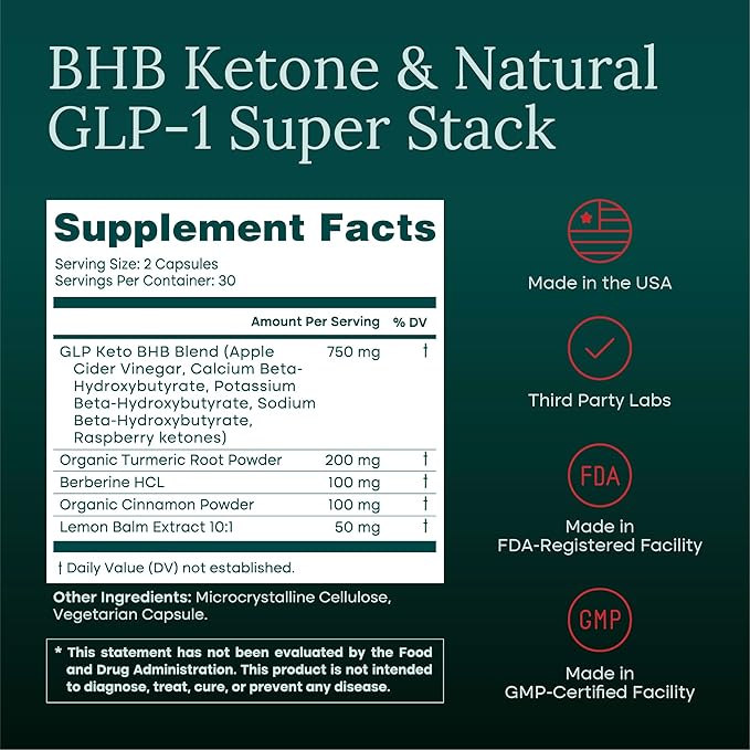 Ketosis & GLP-1 Supplement Weight Loss for Women and Men - Appetite Suppressant, Fat Burner and Metabolic Health with BHB Ketones, Apple Cider Vinegar, Berberine HCL, Turmeric, Cinnamon - Made in USA