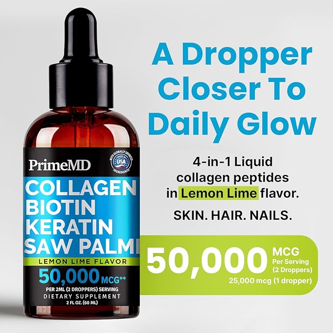 Lemon Lime Liquid Collagen Drops With Liquid Biotin For Radiant Hair, Smooth Skin, Strong Nails | Daily Peptides Support Collagen For Women & Men | Great-Tasting, Easy, Dropper-Ready, 2 Fl Oz (2 Pack)