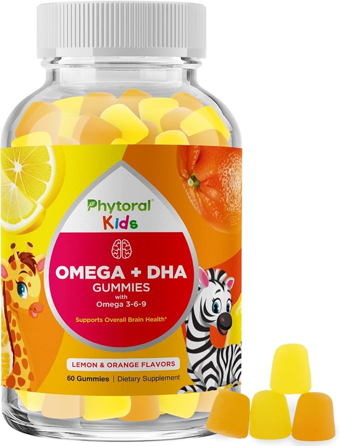 Kids Omega and DHA Gummies - Fatty Acids Omega 3 6 9 with Vitamin C for Vision - Nutritional DHA for Kids for Healthy Nervous System & Focus Support - Fish Free - 60 Count
