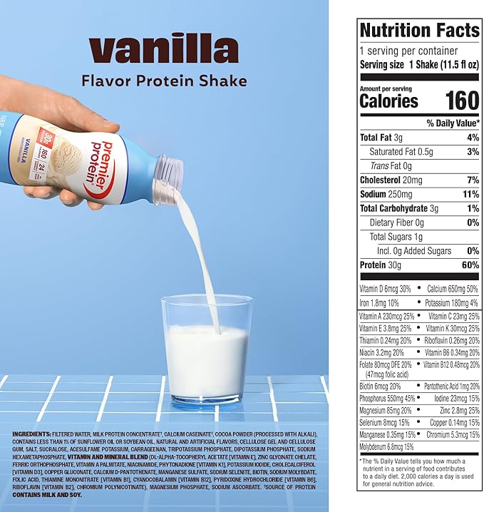 Premier Protein Shake, Vanilla, 30g Protein, No Added Sugar, 24 Vitamins & Minerals to Support Immune Health, 11.5 fl oz, 12 Pack (Packaging May Vary)