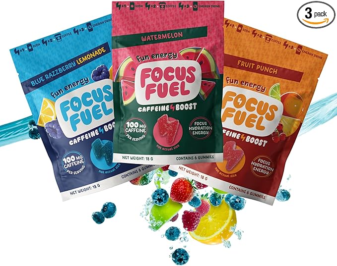 FocusFuel Energy Chews – Trial Size Variety Sample Pack (9 Servings) – 100mg Caffeine + Alpha GPC + L-Theanine + B12, Magnesium – Blue Razzberry Lemonade, Watermelon, Fruit Punch – No Crash or Jitters