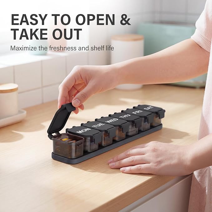 Extra Large Weekly Pill Organizer - Waterproof 7-Day Pill Box, Portable Vitamin & Supplement Case, Easy to Open Design, Ideal for Travel and Daily Medication Management,Black