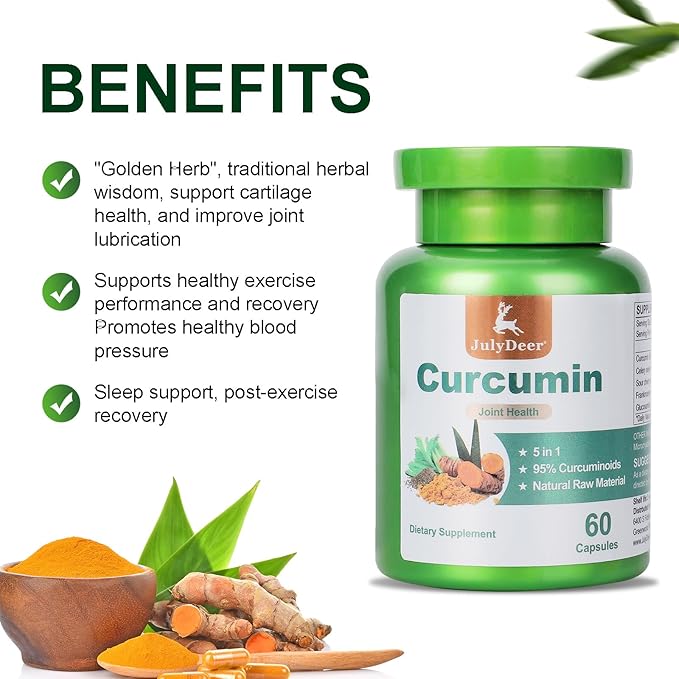 JulyDeer Curcumin Turmeric Complex 2 Bottles with Celery Seed, Sour Cherry, Frankincense Extract, Glucosamine, 95% Curcuminoids for Joint Health, Antioxidant, Immunity Support - 120 Capsules