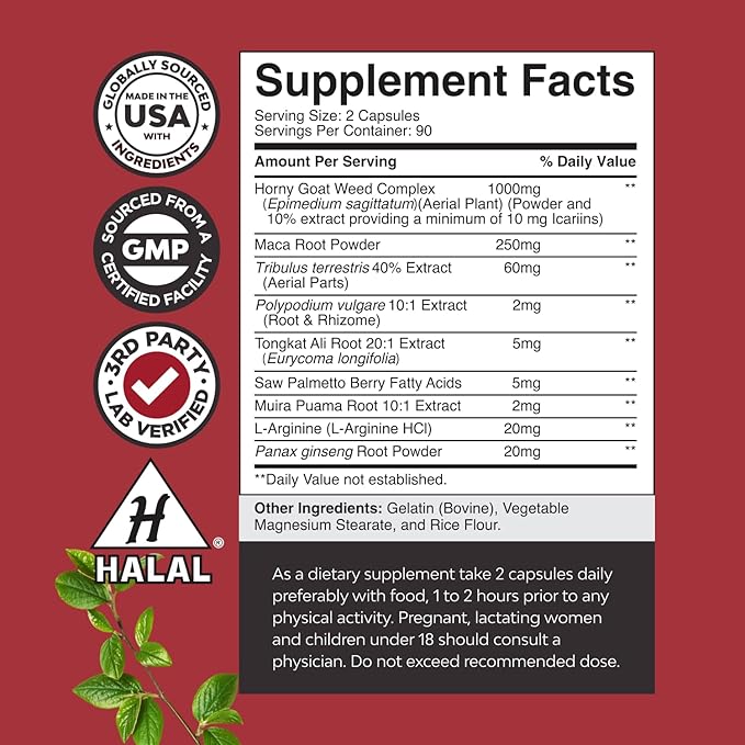 Horny Goat Weed for Men - Extra Strength Male Supplement with Black Maca Root, Tongkat Ali, Saw Palmetto & Panax Ginseng Extract for Stamina & Energy - 180 Count