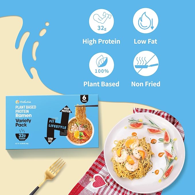Hethstia High-Protein Ramen Variety Pack (Chicken, Beef, Spicy Kimchi, Spicy Curry), 6-Pack Instant Ramen Noodle Soup, 32g Plant-Based Protein, Vegan, Non-GMO, Low Fat, Pre-Packaged Quick Meal