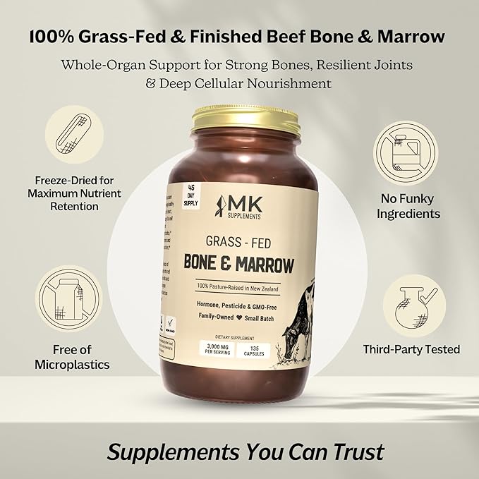 MK Supplements Grass-Fed Bone & Marrow Capsules | Collagen Types I & II + Bone Peptides + Marrow | Whole-Food Calcium Matrix | New Zealand Raised | 135 Capsules