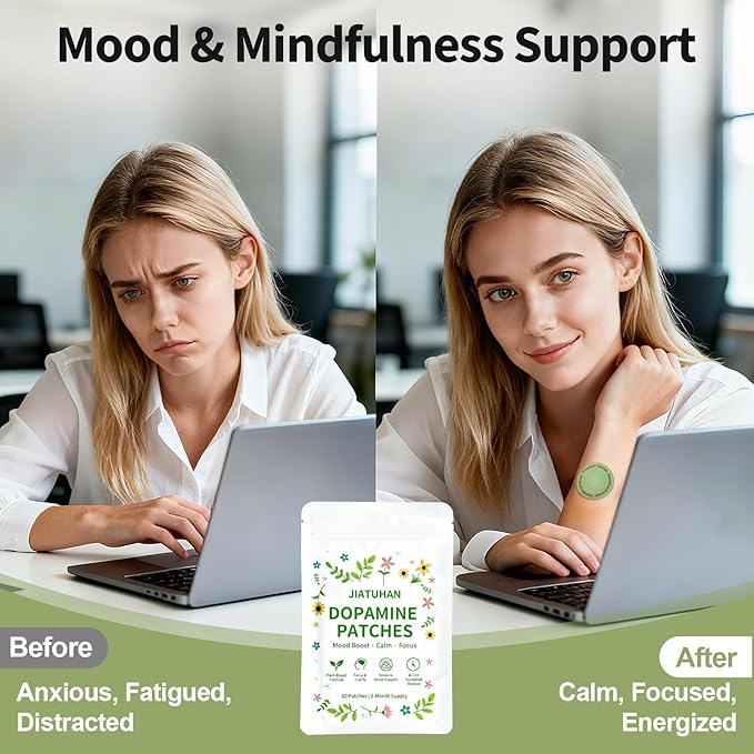 Dopamine Patches Extra Strength – Mood Support, Calm & Focus – Stress Relief with Mucuna & 5-HTP – Plant-Based, Vegan – 60 Patches (2 Month Supply)