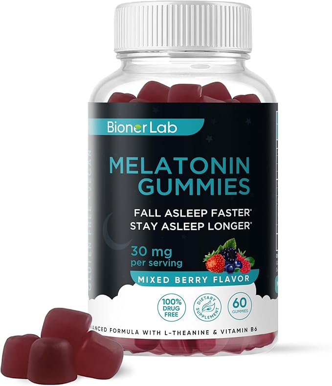 BionerLab Melatonin Gummies (30mg) Enhanced with L-theanine & Vitamin B6 for Adult Women Men - Extra Strength Chewables Calm Gummy - Gluten Free