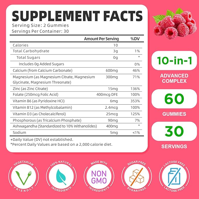 Calcium Magnesium Zinc Gummies with Vitamin D3, Sugar Free Calcium Gummies for Women Men, Raspberry Flavor - 60 Count