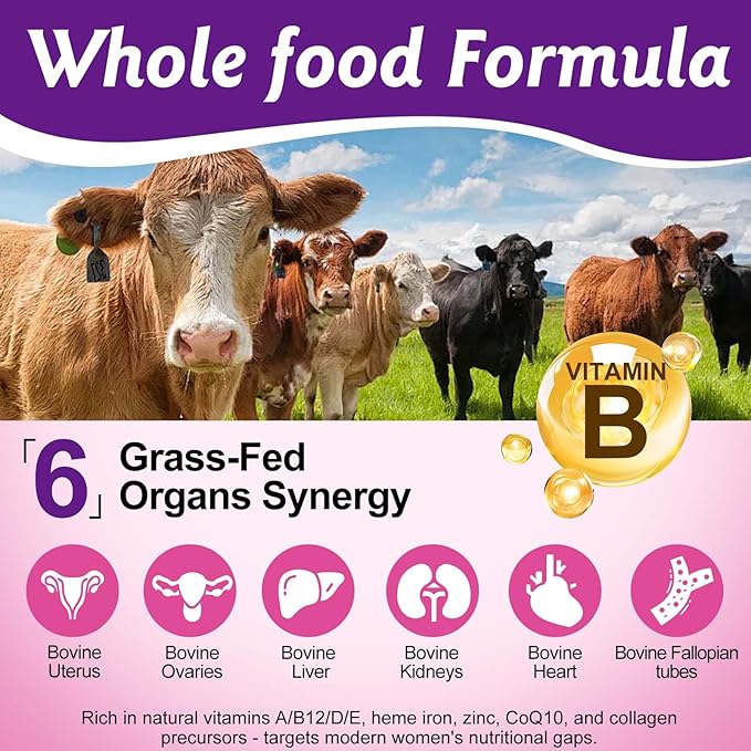 Beef Organ Supplement for Women, Natural Grass Fed Beef Liver Capsules,Supports Feminine Hormone Balance, Menstruation, Immunity, Skin, Collagen, B12, Energy & Wellness - 60 (1)