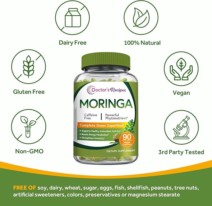 Doctor's Recipes Moringa, Complete Green Superfood, Natural Antioxidant Support, Non-GMO, 90 Vegan Caps, No Caffeine Soy Gluten