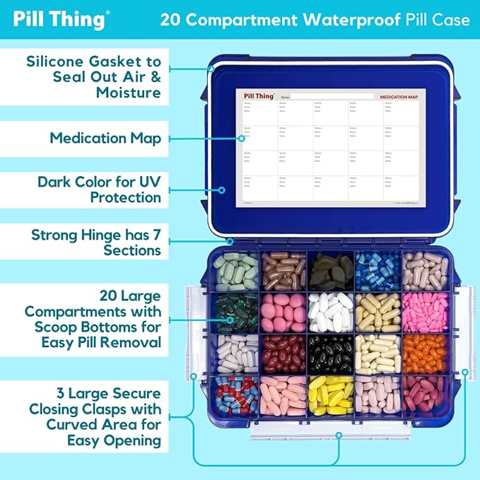 20 Compartment Large Pill Case, Combo of Clear & UV Protected Blue, Airtight & Waterproof Silicone Seal, Spill Proof, Medication Maps & Medical Alert Card (Combo Pack - 1 Blue & 1 Clear)