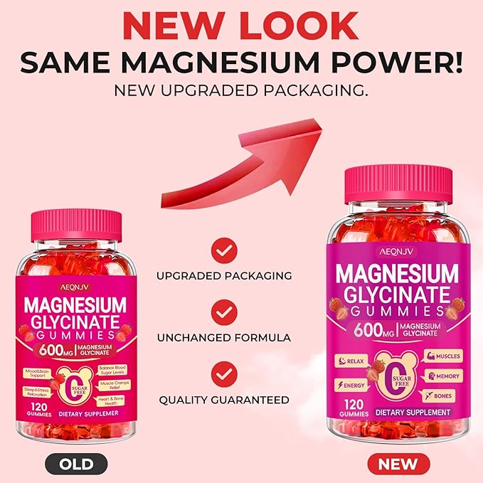 Magnesium Glycinate Gummies 600mg, Chewable Sugar Free Potassium Magnesium Gummies with Magnesium Glycinate, Vitamin D, B6 and CoQ10 for Sleep, Relaxation, Brain and Muscle, 60 Days Supply