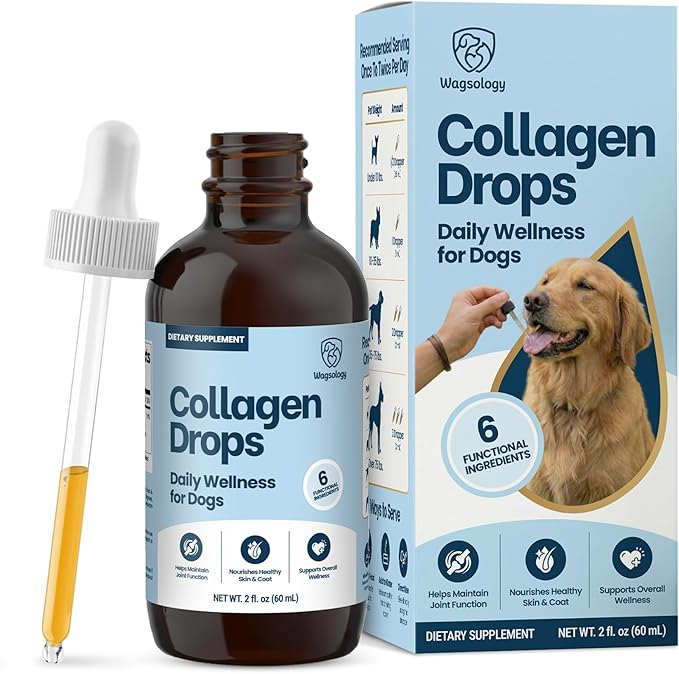 Liquid Collagen for Dogs - Dog Collagen Drops for Dogs, Supports Joints, Skin, Coat, Bones and Itch Relief for Dog, 6 in 1 Formula, 3 Types Collagens, Biotin, Vitamin C, Vitamin E and Hyaluronic Acid