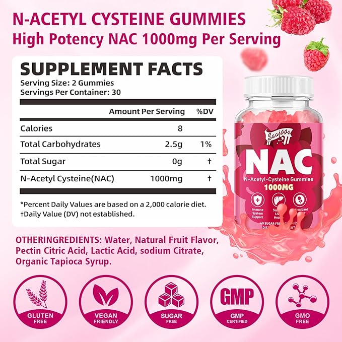NAC Gummies Sugar-Free, N-Acetyl Cysteine NAC Supplement 1000mg for Antioxidants, Immune Support, Non-GMO, Gluten-Free, Vegan – Raspberry Flavor, 60 Gummies