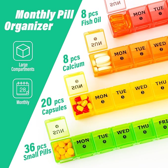 Large Monthly Pill Organizer, XL 4 Weeks Pill Box,28 Day Pill Cases Organizerd by Week,Big Compartment Pill Container with Dust-Proof,for Pills/Vitamin/Fish Oil/Supplements,by Yaklim (ROYG)