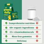 Greens Gummies, Daily Greens Gummies with Organic Chlorella and Spirulina, Digestive & Gut Health, Low Sugar, Formulated with 60+ Ingredients, Individual Packets,160 Gummy Bear