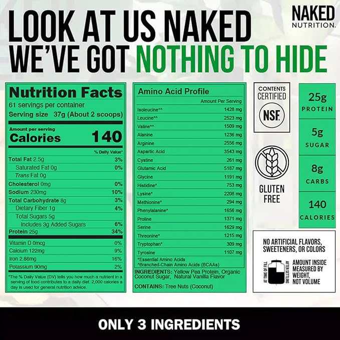 Naked Pea - Vanilla Pea Protein Isolate from North American Farms - 5lb Bulk, NSF Certified, Plant Based, Vegetarian & Vegan Protein Power, Easy to Digest, Non-GMO, Gluten Free, Lactose Free, Soy Free
