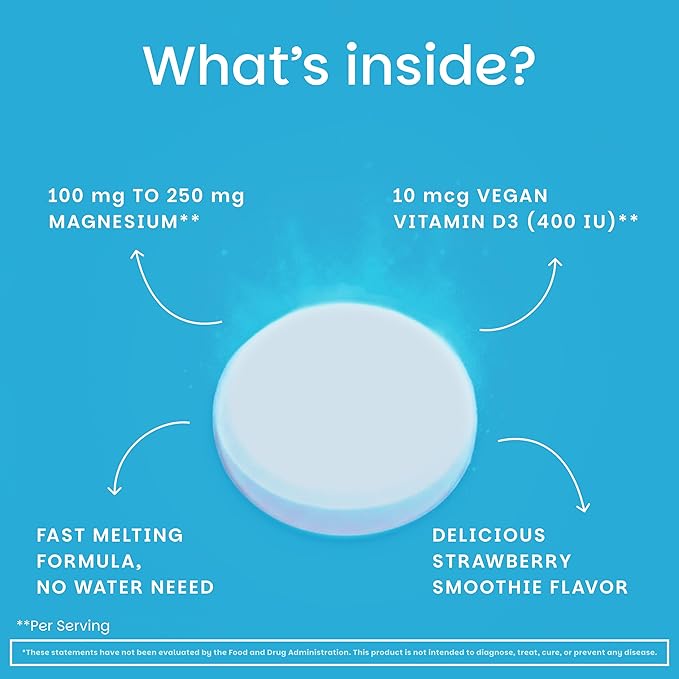 EZ Melts Calcium & Magnesium - Daily Supplement for Heart, Bone, Immune & Brain Health - with Vitamin D3 - Non-GMO & Vegan - Strawberry Smoothie - 120 Dissolvable Tablets (60 Servings)