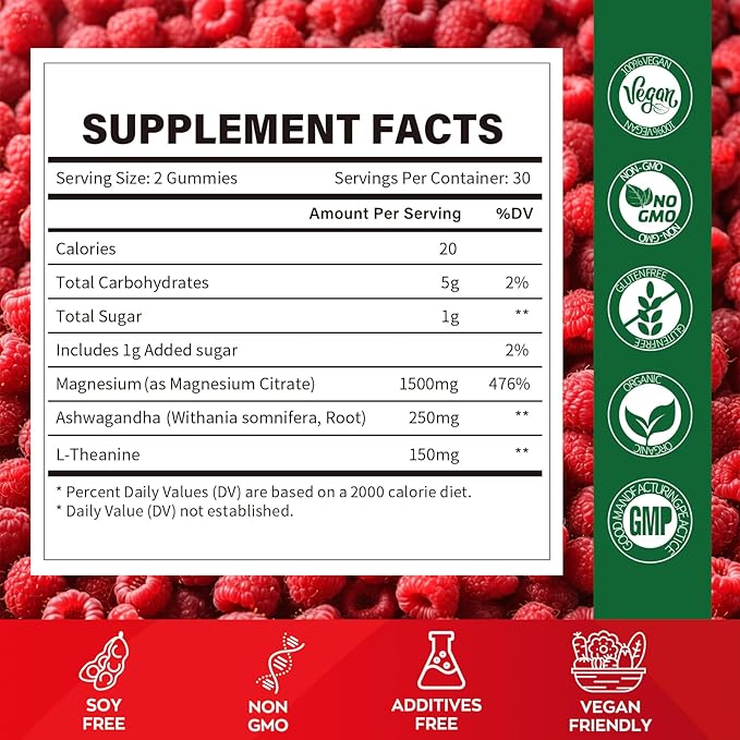 High Absorption Magnesium Gummies for Adults，Magnesium Supplement for Muscle, Nerve, Bone and Heart Support, Vegan, Non-GMO，Raspberry Flavor (60 Count（Pack of 2）)