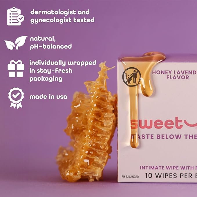 Sweetums Flavored Feminine Wipes For Women, Individually Wrapped - pH Balanced Wipes - Honey Lavender, Pack of 10